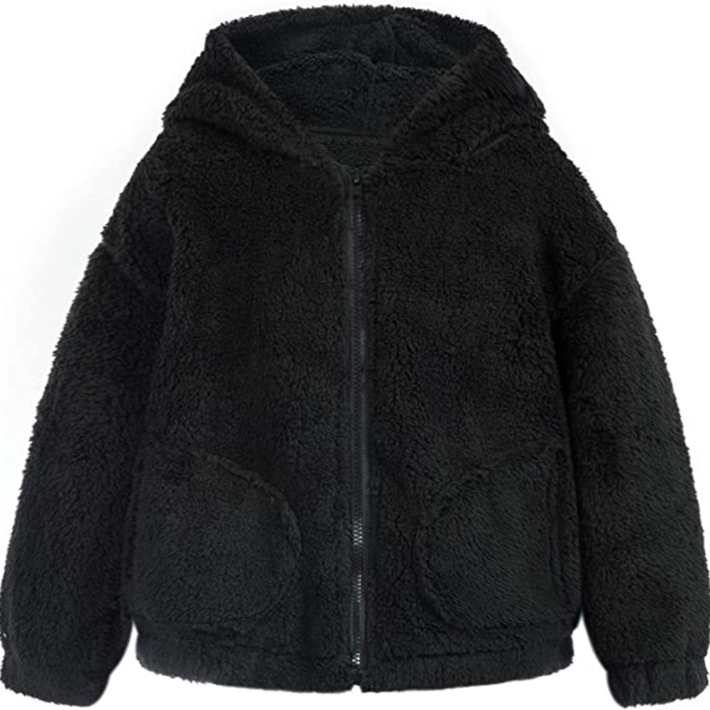 Girls Black Fuzzy Old Navy Zip Up Hoodie (Size 10-12)